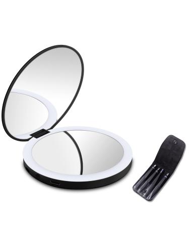 Compact Lighted Makeup Mirror for Travel Rechargeable 1x / 2X Magnification Portable Folding LED Mirror 4Pcs Tweezers Set with Travel Case