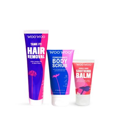 WooWoo The Bikini Babe Bundle - Tame It! Intimate Hair Removal Cream 100ml Pomegranate Body Scrub 150ml and Saddle Sore Soothing Balm 50ml - Depilatory Exfoliating Scrub and Moisturiser Set