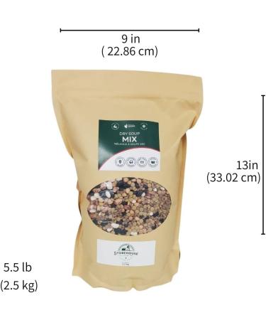 Dry soup mix 2.5 kg (5.5 lb) Excellent for making soups on the stovetop in a slow cooker or pressure cooker Chickpeas Black beans Green lentils Red lentils Great northern beans Cranberry/Romano beans Non-GMO Product of Canada - Buy Online on GoSupps.com