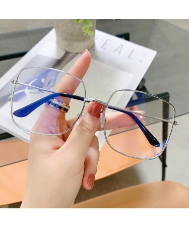 Fuqinqingoz Large square reading glasses oversized anti-blue light computer reader personality clear view flat light mirror (color: silver size: +200) +200 silver