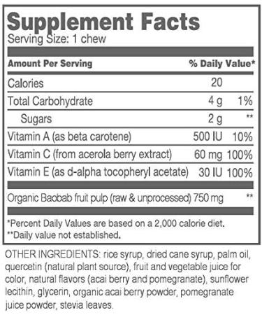Powbab Baobab Superfruit Chews - 750mg Raw Organic Baobab Powder, Immune Boosting Superfood with 100% Antioxidants for Cold Season. Acai Berry & Pomegranate Supplement, Non GMO - 30 Chews - Buy Online on GoSupps.com