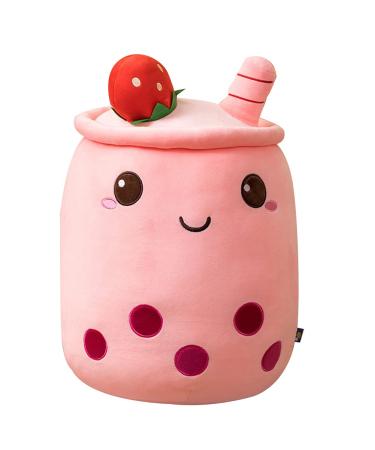 Hpory Bubble Tea Plush Pillow Boba Plushie Plush Pillow Cute Milk Tea Cup Plushie Bubble Tea Soft Toy with Strawberries Bubble Tea Cup Plush Toy Soft Stuffed Throw Pillow for Kids Pink 23cm