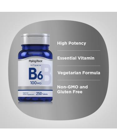 Piping Rock Vitamin B-6 100mg Supplement | 250 Tablets | as Pyridoxine Hydrochloride | Non-GMO & Vegeterian Formula - Buy Online on GoSupps.com