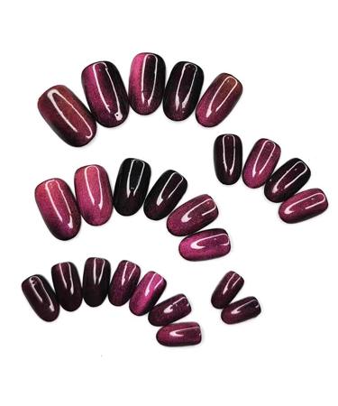 Dark Purple Cat Eye Round Press On Nails - 24pcs Medium Length Glue On False Nails for Women - Color Changing Glossy Acrylic Fake Nails - Buy Online on GoSupps.com
