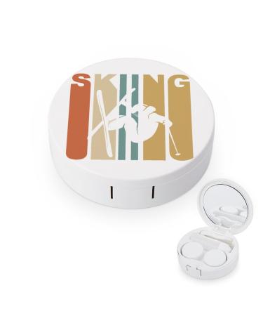 Retro Skiing Round Case for Contact Lens Kit Storage Box with Mirror Portable Cute Lens Holder