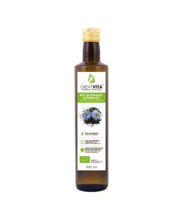 GreatVita organic black cumin oil cold pressed 500ml filtered and gently pressed rich in unsaturated fatty acids - Buy Online on GoSupps.com