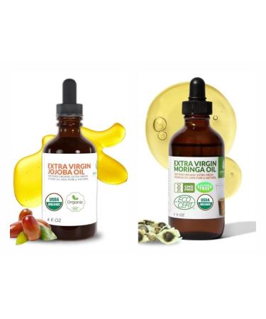Organic Jojoba & Moringa Oil Bundle 100% Pure Cold Pressed Extra Virgin Unrefined Skin & Hair Care Duo Deep Moisturizing Anti-Aging Nourishing Oils for Face Body & Scalp (4oz + 1oz)