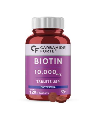 Carbamide Forte Biotin 10000mcg (High Potency) per Veg Tablet - Supports Hair Growth Glowing Skin and Strong Nails - Biotinova (120 Tablets)