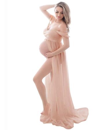 FEOYA Maxi Maternity Dress Chiffon Lace Strapless Gown Split Front for Pregnant Women Photography Full Length Orange M