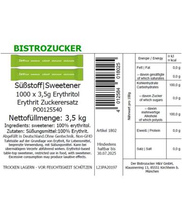 Bistro Zer0 Kcal Sticks - 1 000 Calorie-Free Erythritol Sweetener | Natural Sugar Substitute | 0 Kcal Per Stick - Buy Online on GoSupps.com