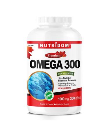 Nutridom Omega-3 Fish Oil 1 000mg 300 Softgels Supports Cardiovascular Health and Brain Function Contains EPA 180mg & DHA 120mg