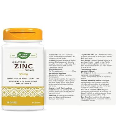 Nature's Way Zinc Chelate - Immune System Energy Metabolism & General Health Support Prevent Zinc Deficiency 30mg Zic Chelate per capsule Gluten Free - 100 Capsules - Buy Online on GoSupps.com