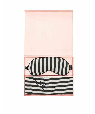 Victoria's Secret Black W/Pink Signature Stripe Satin Pink Pillow Case & Eye Mask Gift Set (Black W/Pink Signature Stripe)