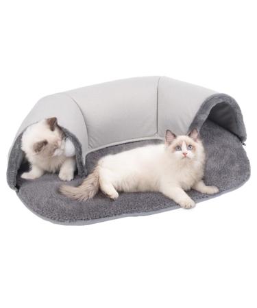 Jodimitty Cat Tunnel Bed Grey Plush Cat Tunnels for Indoor Cats Cat Play Mat with Hanging Ball Toy Pet Tunnel Gift for Cat Bunny (76x53x17cm) M (76x53x17cm) Grey