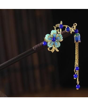 Blue Chinese Japanese Hair Stick Retro Wooden Hairpin Flower Hair Chopsticks Vintage Tassel Hair Stick Wedding Party Hair Stick Hanfu Hairpins