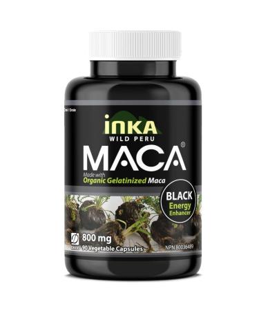 InkaMaca Organic Black Maca 800mg (90 Capsules) Gelatinized Non-GMO Vegan Gluten-Free Soy-Free Dairy-Free - Authentic Peruvian Maca Root Supplement for Energy & Vitality 90 count (Pack of 1)