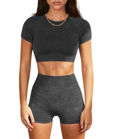 OLCHEE Womens Workout Sets 2 Piece - Seamless Acid Wash Yoga Outfits Shorts and Crop Top Matching Gym Athletic Clothing Set Short-sleeve + Shorts: Black Medium