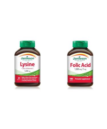 Jamieson Lysine Zinc and Vitamin C 60 Count (Pack of 1) & Folic Acid 1000mcg 100's 100 Tablets SUPPLEMENT + VITAMIN B0045P912Y