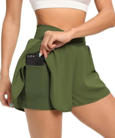 Quccefods Women's Cross Waist Workout Shorts | Quick-Dry Athletic Running Shorts with Pocket | Elastic High Waisted | Army Green - Large - Buy Online on GoSupps.com