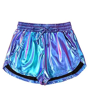 Women's Metallic Shorts Yoga Shiny Sparkly Hot Drawstring Outfit Short Pants Medium Mermaid