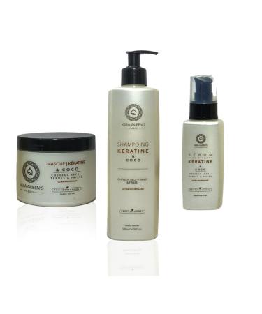 Daily ritual trio kit for DRY & DAMAGED hair - Mask + Shampoo + Serum - Keratin & Coconut - Kera Queen's