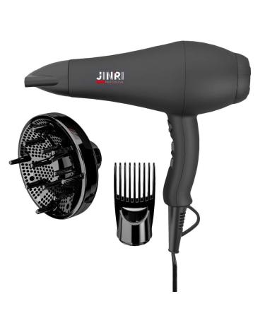 JINRI Infrared Professional Salon Hair Dryer Ionic Hair Dryer with Diffuser & Concentrator Attachments for Curly Hair Black (Large)