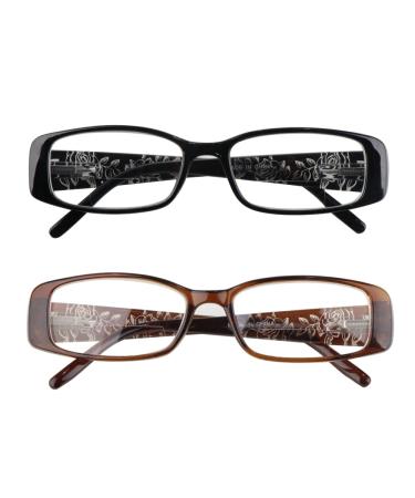 2 Pairs Rectangular Bifocal Reading Glasses for Women Designer Laser Flower Frame Reader Glasses With Spring Hinge 1 Black & 1 Brown 2.0 x