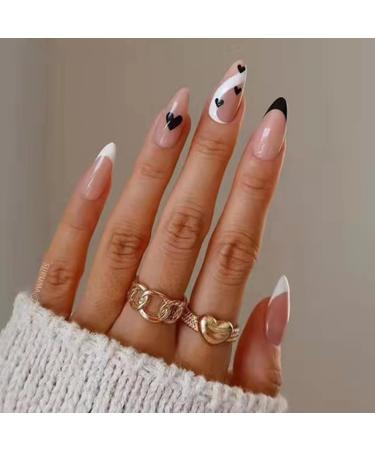 French Tip Press on Nails - Medium Press On Nails with Nail Tips Black heart French white lines fake nails with almond shaped Design press on nails Acrylic False Nails Cute Artificial Nails