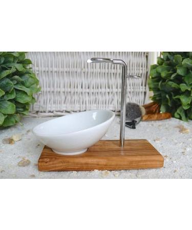 DOM Shaving Brush Holder CLASSIC PLUS | Olive Wood & Porcelain Bowl | 10cm Slanted Design - Premium Shaving Accessories - Buy Online on GoSupps.com