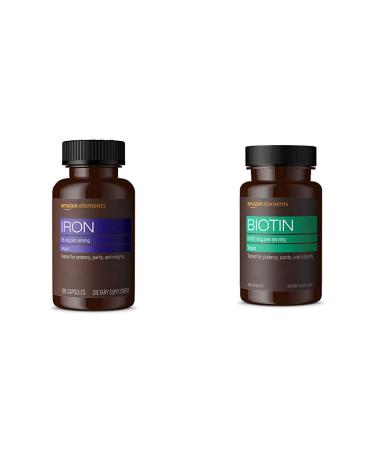 Amazon Elements Iron 18mg, Vegan, 195 Capsules, 6 Month Supply & Biotin 5000 mcg, Vegan, 130 Capsules (4 Month Supply) Iron + Biotin