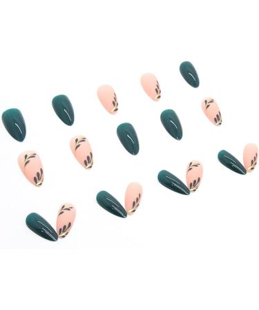 24pcs Short Almond Green Stick on Nails with Leaves Design - Nail Art Accessories for Women and Girls - Buy Online on GoSupps.com