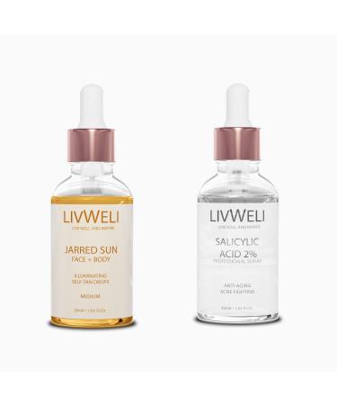 Livweli self tanner and Salicylic Acid serum set - Medium tanner and Acne treatment - Set of 2, 30ml