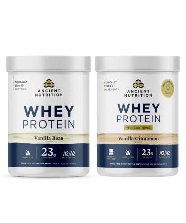 Ancient Nutrition Grass-fed Whey Protein Powder Vanilla Bean 20 Servings + Grass-fed Whey + Fat Loss Protein Powder Vanilla Cinnamon 18 Servings