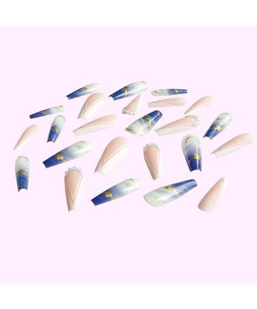 French Tip Press on Nails - Long Press On Nails with Nail Tips Blue and White halo dyed plaid pattern Golden glitter False Nails press on nails Acrylic False Nails Cute Artificial Nails - Buy Online on GoSupps.com