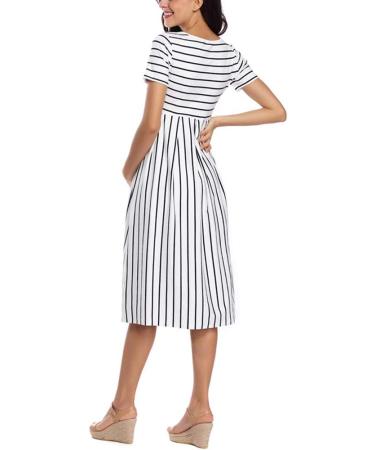 Love2Mi Short-Sleeve Maternity Dress - A-Line Midi Dress for Pregnant Women - S White Black Stripe - Buy Online on GoSupps.com