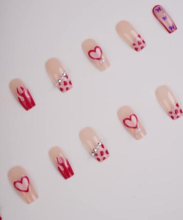 Xerling 24Pcs Press On False Nails with Rhinestones - Red Heart Butterfly Coffin Fake Nails for Women & Girls - Full Cover Stick-On Nail Art (Pattern E - Buy Online on GoSupps.com