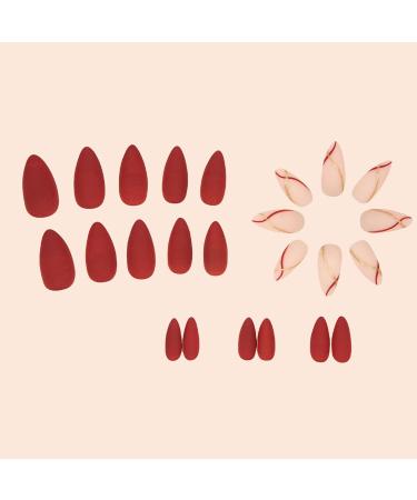24 Pcs Short Almond Press on Nails - Solid Burgundy Medium Fake Nails with Gold Glitter Stripe | Reusable Acrylic False Nails Kit for Women | Nail Glue & Mini Nail File Included - Buy Online on GoSupps.com