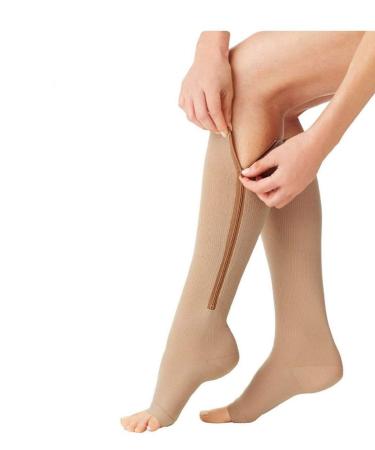 JHKJ Compression Socks Toe Support Leg Support Knee Highs with Zipper 2 Pairs Flesh S/M