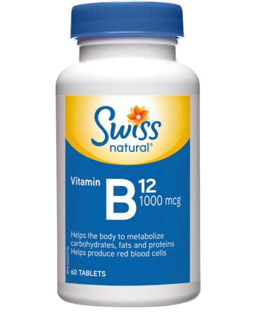 Swiss Natural Vitamin B12 (Cyanocobalamin) 1000mcg | 60 Tablets | Helps metabolize carbohydrates fats and proteins