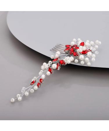 Chargances Bride Wedding Crystal Pearl Hair Comb Red Rhinestone Flower Hair Vine Comb Fashion Handmade Headpiece Bridal Hair Accessories for Wedding Prom Flower Girl (Red) - Buy Online on GoSupps.com