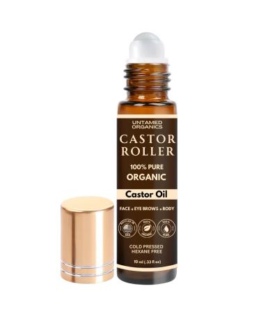 100% Organic Castor Oil Roll On For Eyebrows Lips Under Eyes Eyelashes Cuticles - Mess Free Roller Ball - Certified Organic Cold Pressed Hexane Free - Travel Sized Glass Bottle