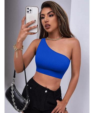 OQQ Women's Ribbed One Shoulder Workout Set - Blue | High Waist Shorts & Sports Bra | Medium - Buy Online on GoSupps.com