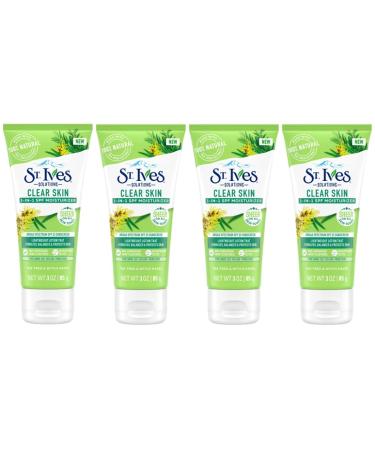 St. Ives Clear Skin Lotion - 3-in-1 SPF 25 Face Moisturizer for Acne Prone Oily or Combo Skin Lightweight Sheer Daily Face Lotion with Tea Tree Extract & Witch Hazel 3 Fl Oz (85g) - Pack of 4