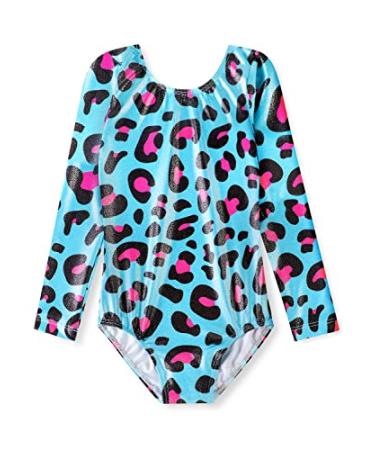HOZIY Long Sleeve Leotards for Girls Gymnastics Kids Toddler Tumbling Outfits Floral Unicorn Galaxy Rainbow Stripe Pattern 7-8 Years Blue Leopard