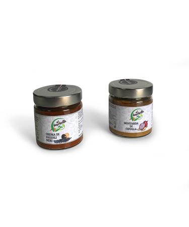 Al Boschetto onion mustard and black bean cream, 100% natural, 2 jars of 200 gr each. Ideal for red meats, boiled meats, bruschetta, wraps and burritos.