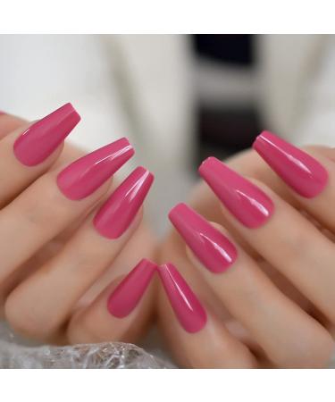 Dark Rose Pink Coffin False Nail Tips - 24pcs Glossy Acrylic Press On UV Fake Nails | Salon-Quality Full Cover with Glue Sticker | L5578 - Buy Online on GoSupps.com