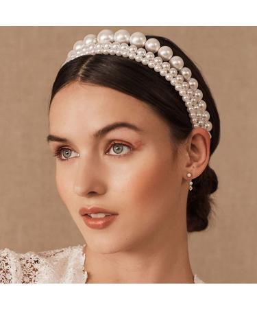 Minzaos BETHNISIER 3 Pcs Pearl Headbands Set White Faux Pearl Hairband Bridal Hair Hoop Wedding Hair Accessories for Women Girls