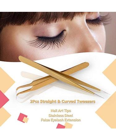 Stainless Steel Eyelash Extension Tweezers Set - Straight & Curved 2pc Gold Makeup Tools - Buy Online on GoSupps.com