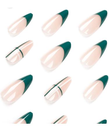 Justotry 24 Pcs Almond False Nails Short Dark Green French Press on Nails with Nail Glue - Oval Stick on Nails for Women - Teal Green Pattern Fake Nails - Buy Online on GoSupps.com