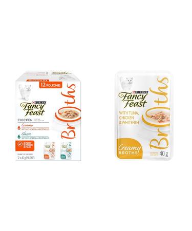 Fancy Feast Broths Cat Food Complement Chicken Collection Variety Pack 2 Flavours - 40 g Pouch (12 Pack) & Fancy Feast Creamy Broths Cat Food Complement Tuna Chicken & Whitefish - 40 g Pouch Cat Food + PET_FOOD 00055800531254